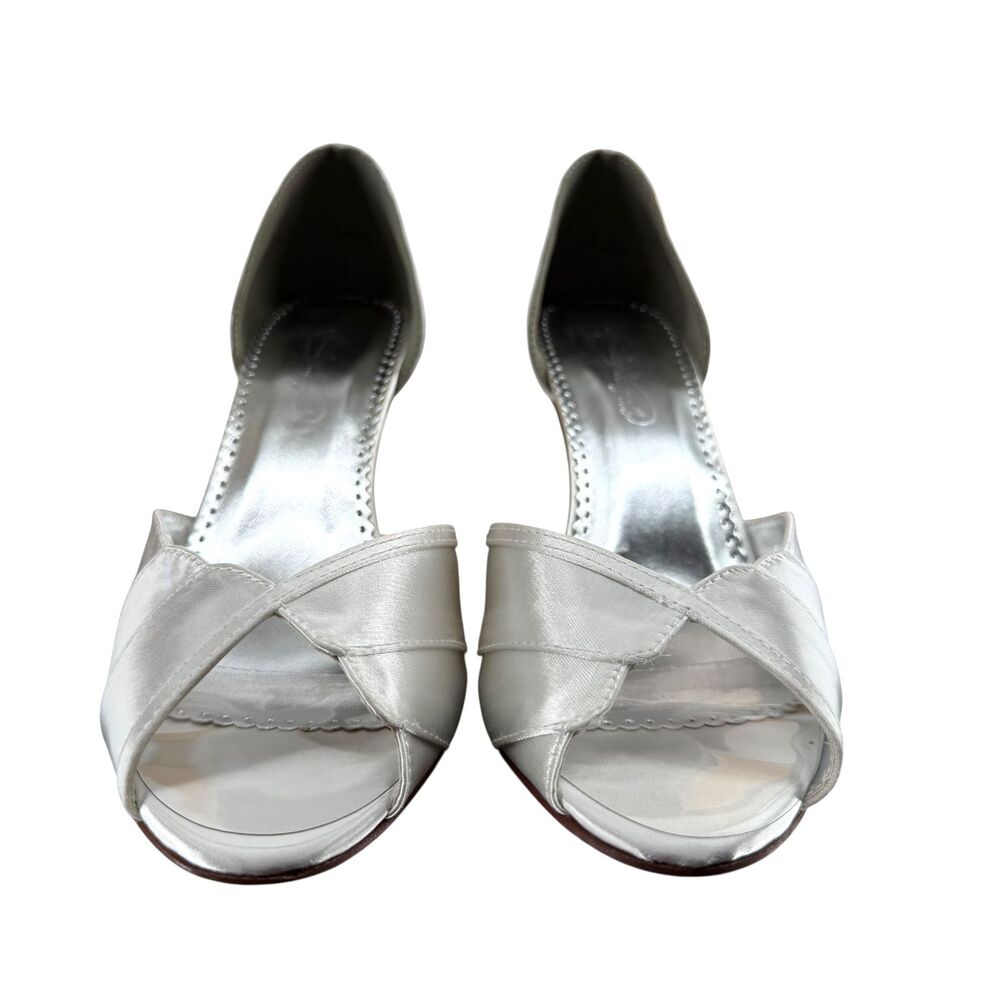 Michelangelo Shellie Satin Heels 9M White Peep Toe Dyeable Pumps Davis'd Bridal - Picture 5 of 14